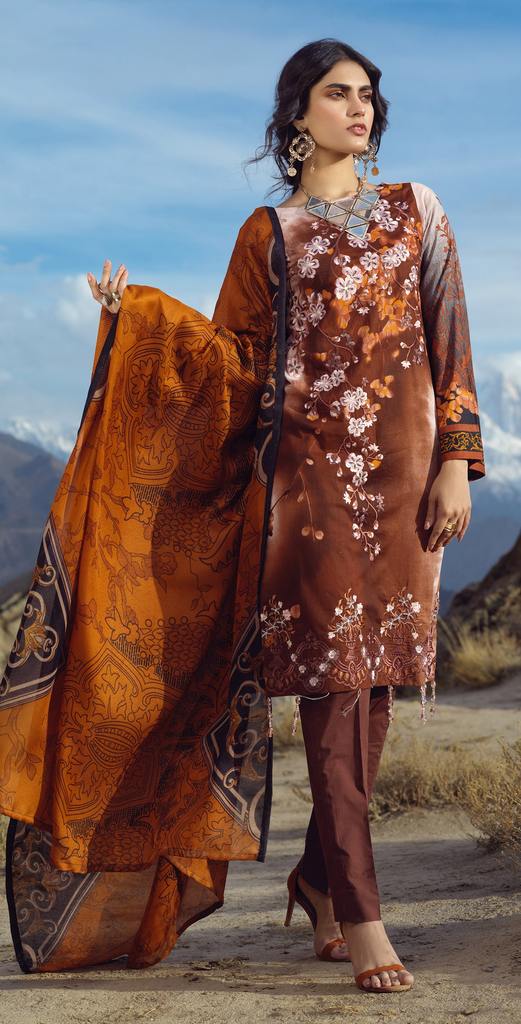 Un-Stitched 3pc Printed Embroidered Cambric Shirt with Wool Net Dupatta (WK-421B)